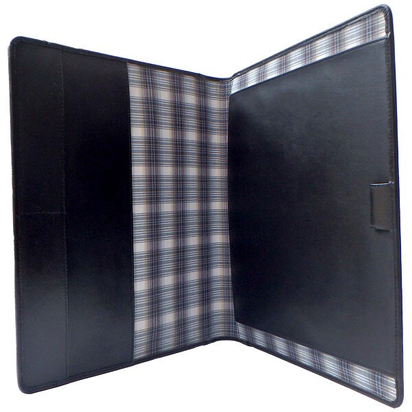 open black leather portfolio with plaid interior